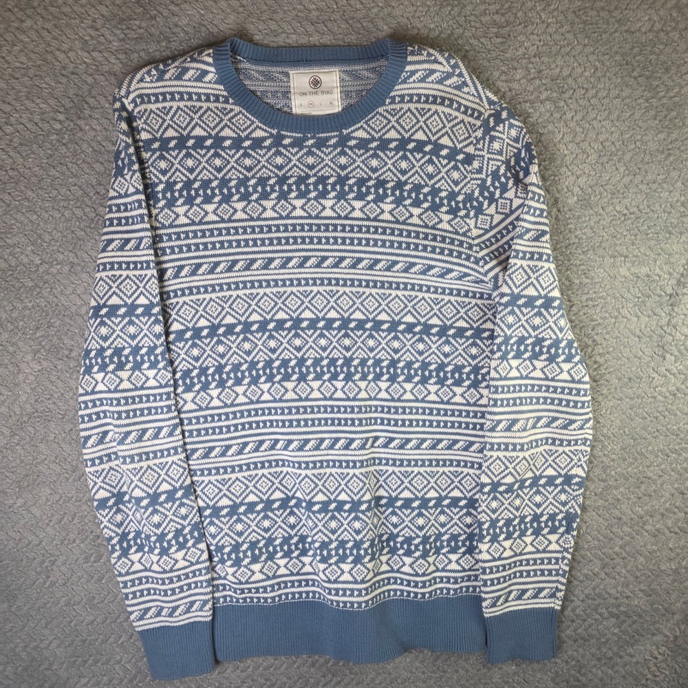 On The Byas Men's Medium Blue White Fair Isle Nordic 100% Cotton Knit Crewneck